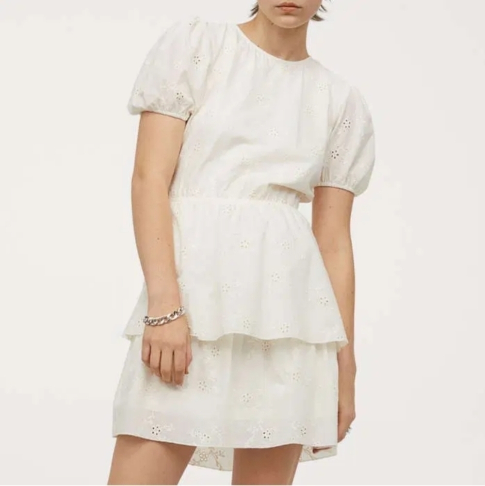 H&M baby doll eyelet mini dress ivory cream white size XL c1